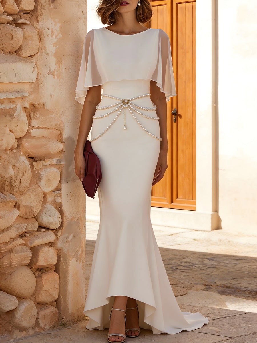 Cape Overlay Pearl-Detail Mermaid Midi Dress