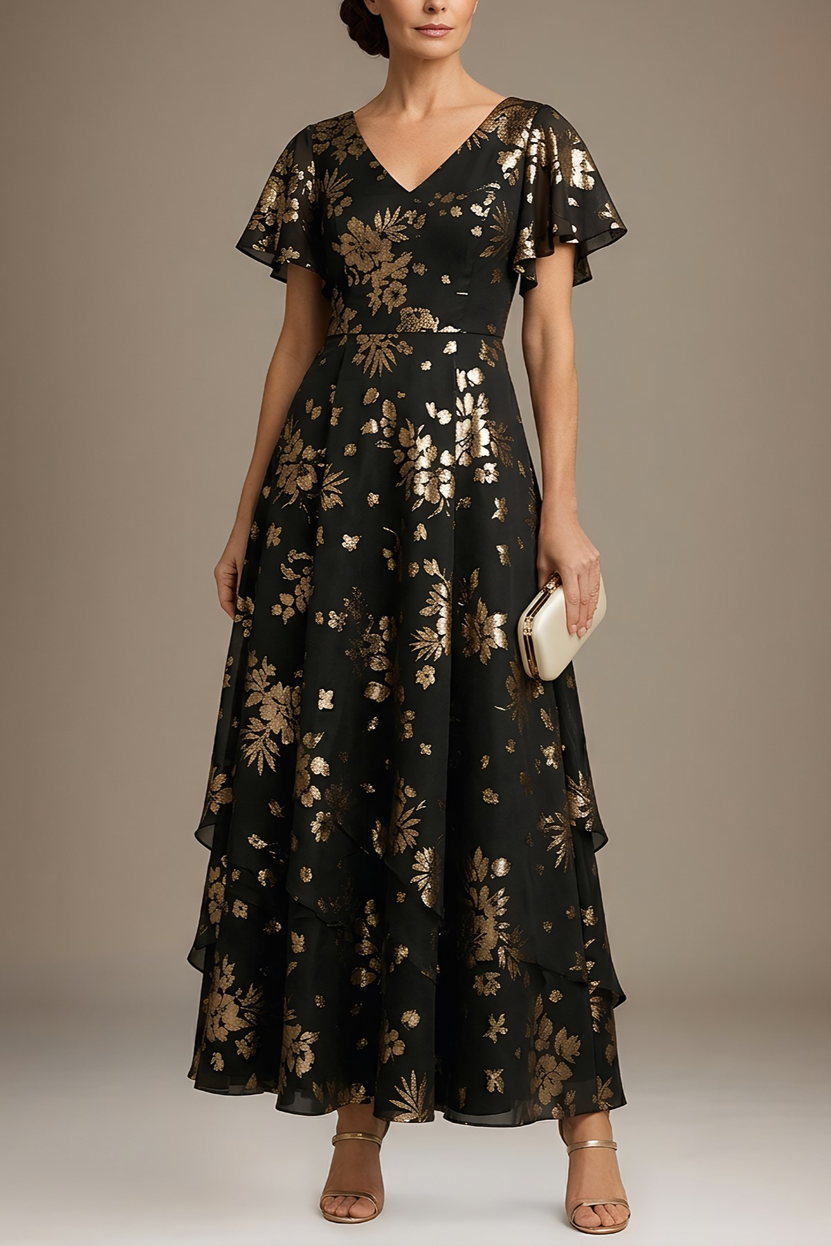 Black Floral Foil Chiffon V-Neck Mother of the Bride Gown