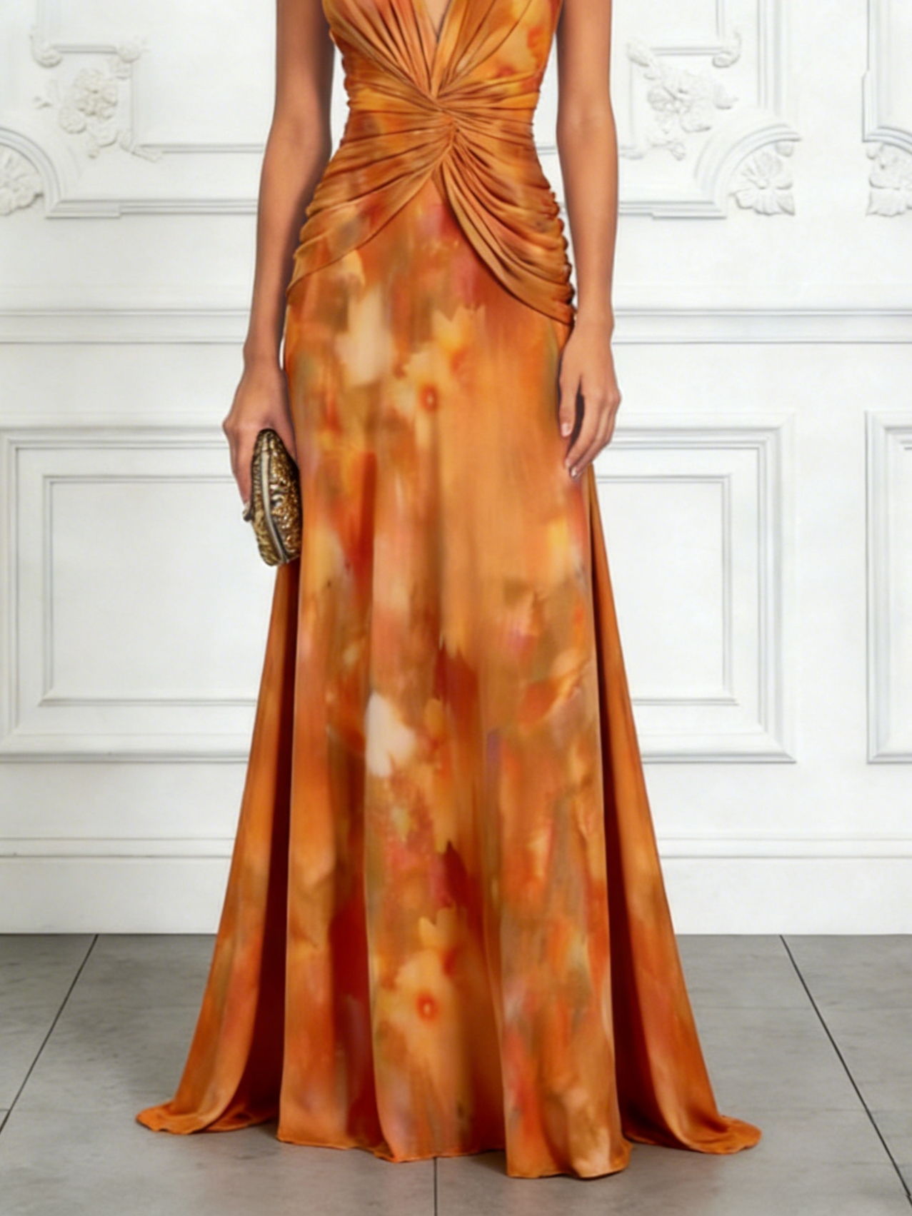 Orange Floral Chiffon V Neck Sleeveless A-Line Maxi Dress