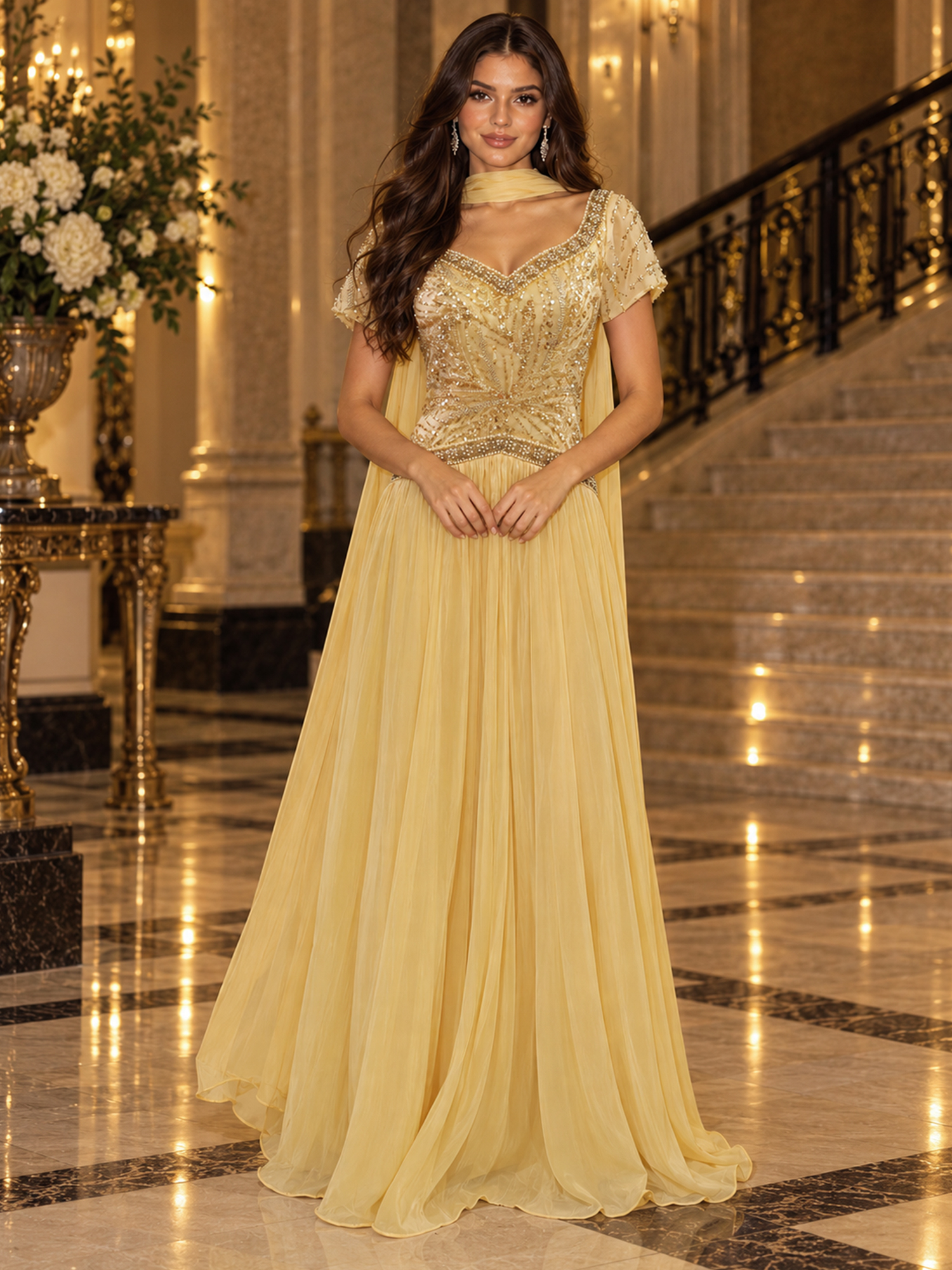 A Line Sweetheart Elegant Pleated Evening Dresses with Beadings & Scarf
