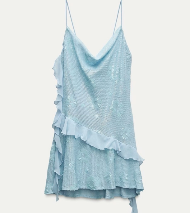 Women Light Blue Sequin Neck Mini Dress Asymmetrical Ruffle Slip Dress