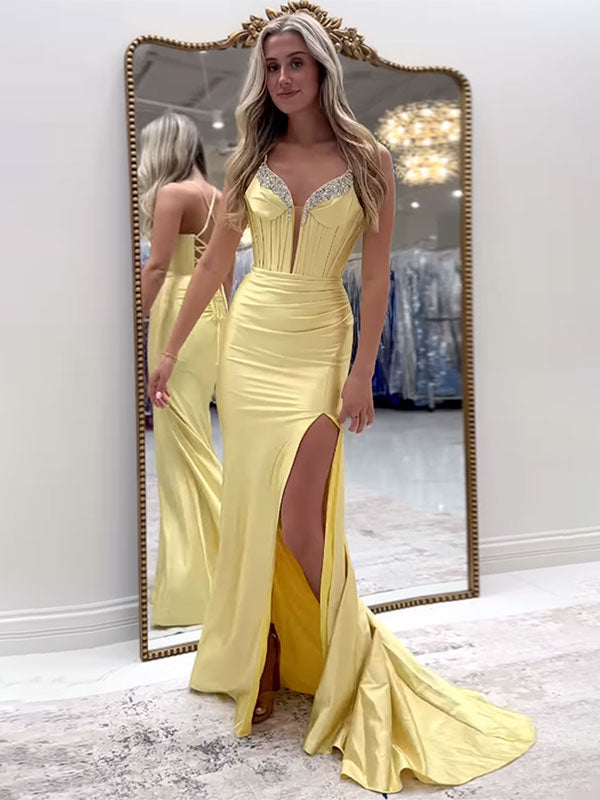 Sparkly Black Mermaid Spaghetti Straps Grey Corset Prom Dress with Slit