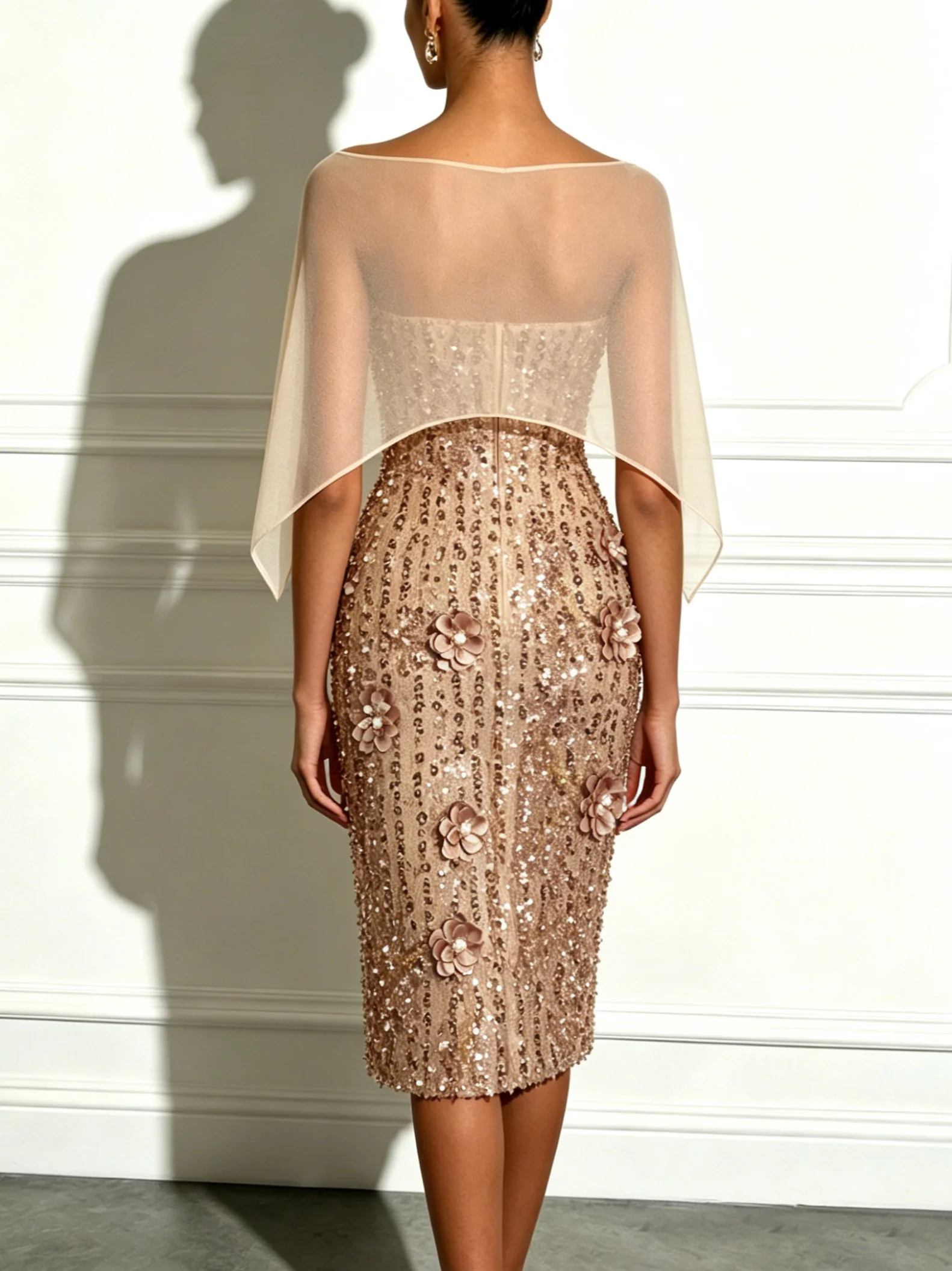 Champagne Mesh Sequin Wrap Half Sleeve Sheath Midi Dress