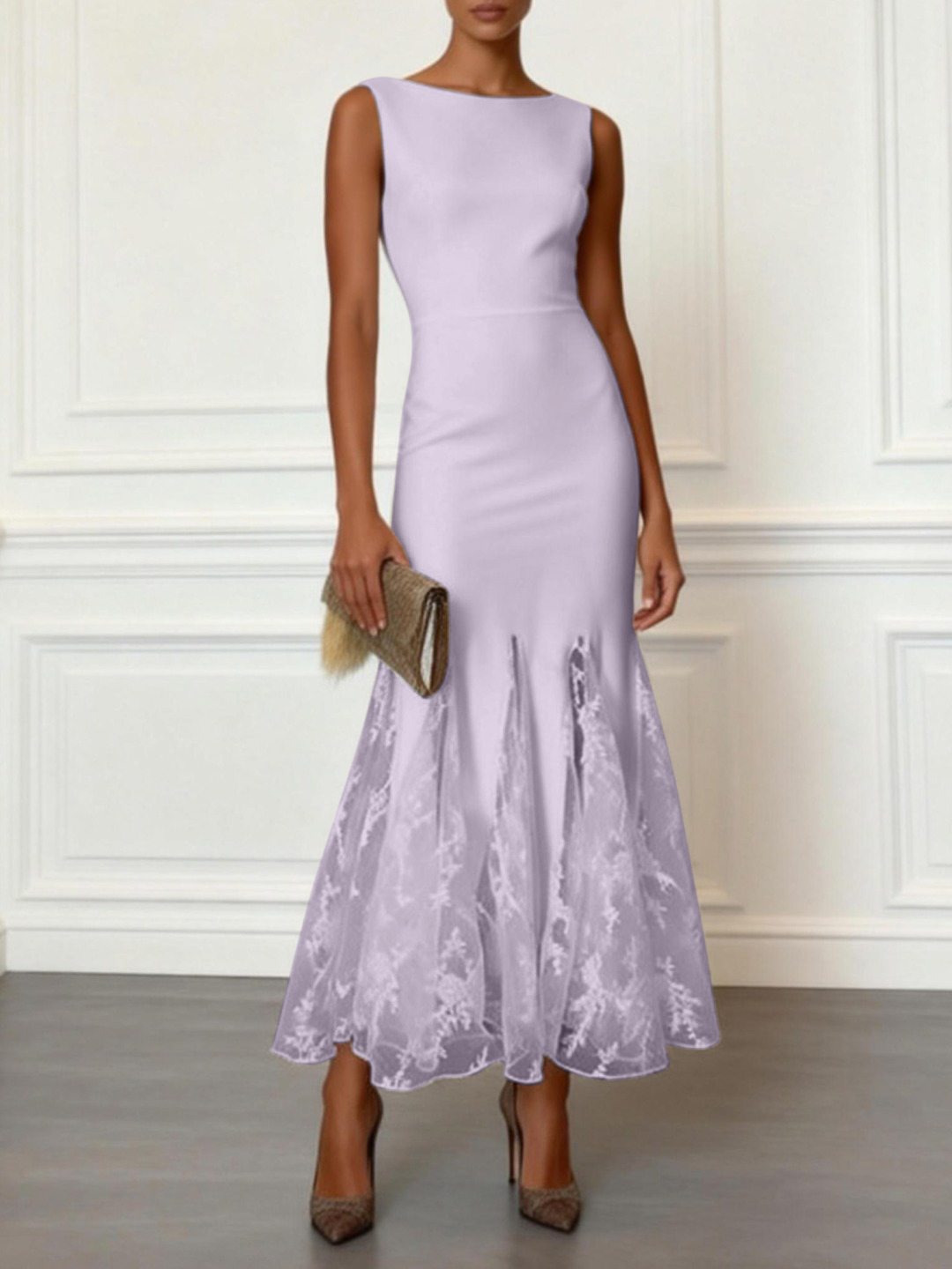 White Lace Boat Neck Sleeveless Mermaid Maxi Dress