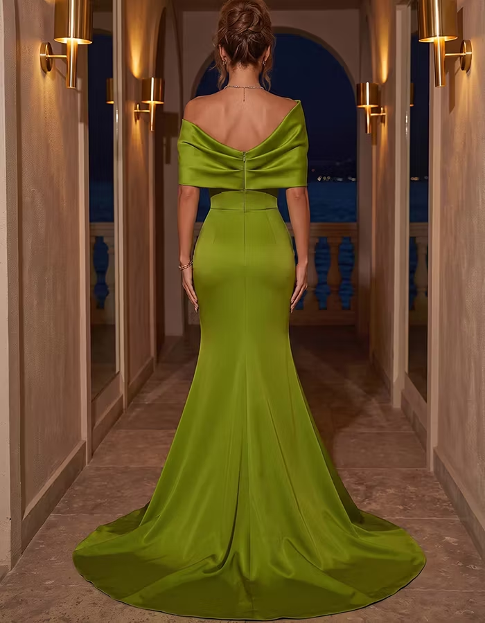 Off‑Shoulder Bow Draped High Slit Satin Mermaid Maxi Dress