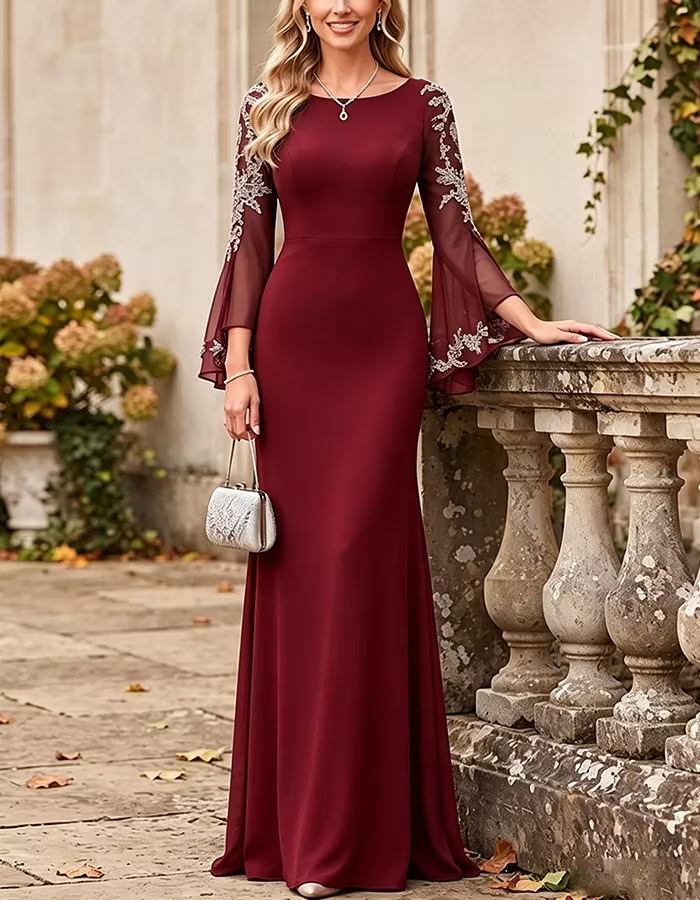 Bateau Neck Lace Appliqué Long Sleeve Chiffon Maxi Dress