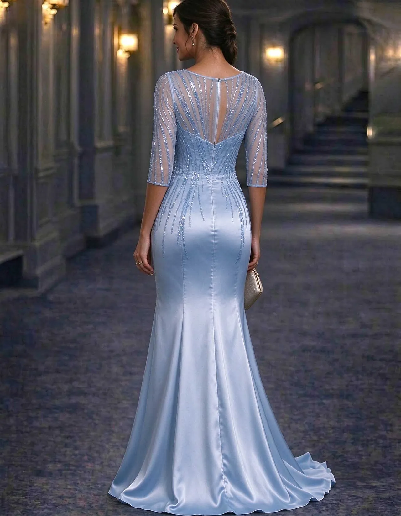 Satin Mesh Illusion Round Neck Sequin Mermaid Maxi Dress