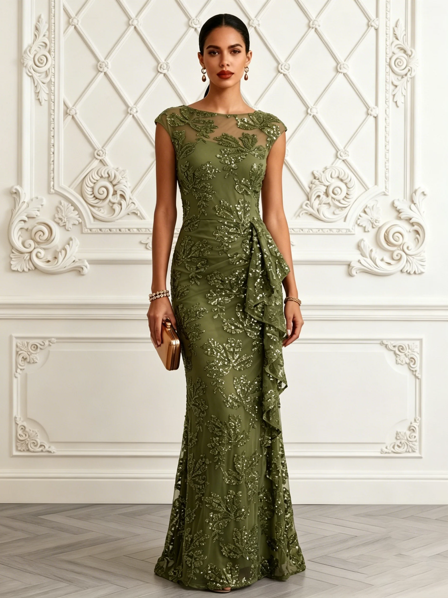 Army Green Glitter Ruffled Sequin Boat Neck Sleeveless Mermaid Floor Length Dress