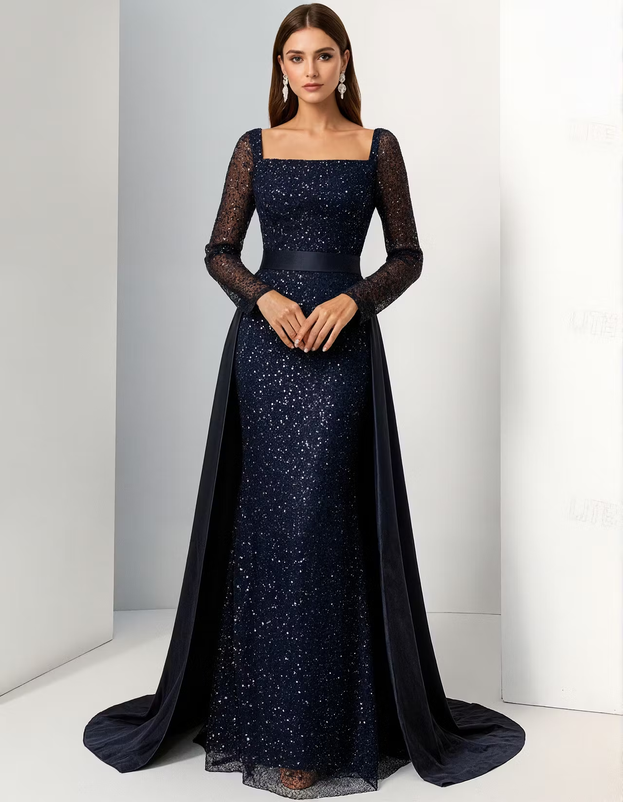 Navy Blue Sequined Square Neck Maxi Dress