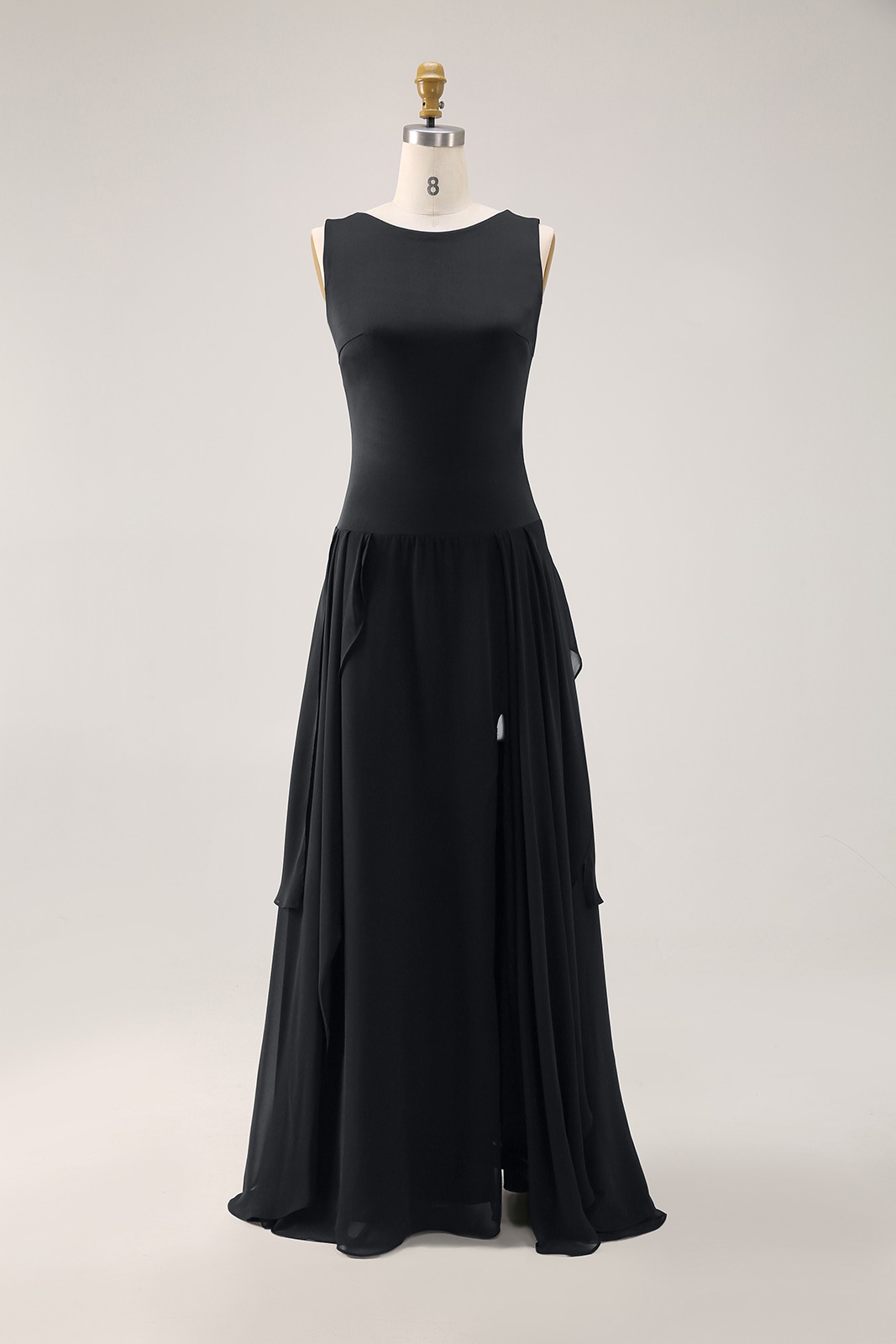 Elegant Black Sleeveless Dress High Slits Slim Fit Chic Midi Dress