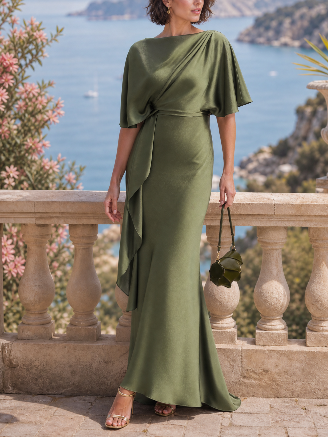 Olive Green Cape Sleeve Draped Satin Mermaid Formal Dress