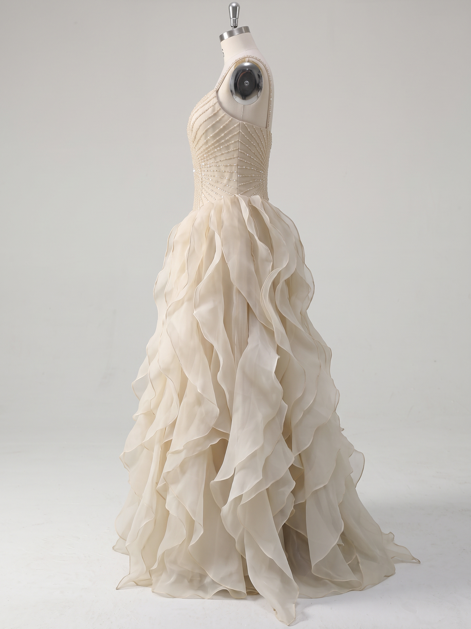 Spaghetti Straps Pleated Luxurious Maxi Evening Dresses with Beadings