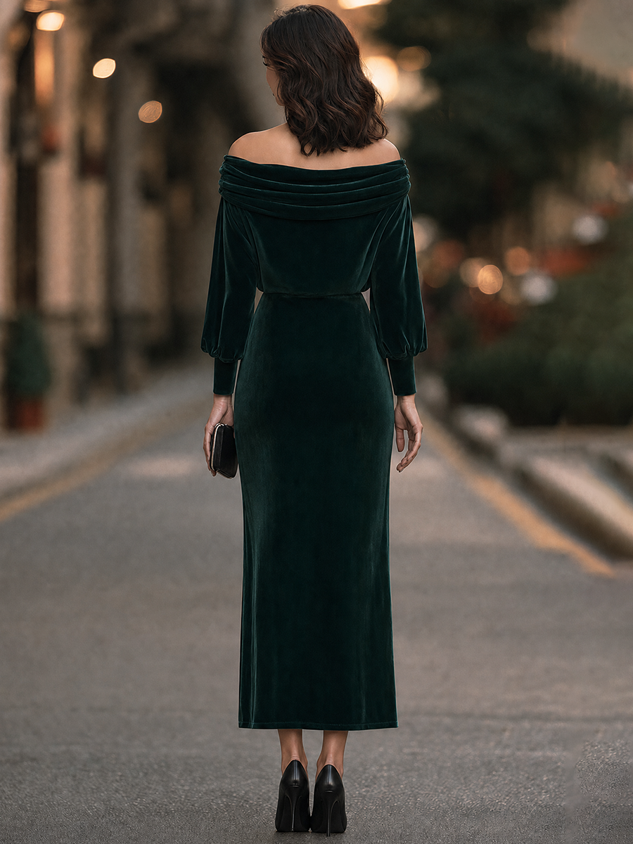 Off-Shoulder Foldover Neck Velvet Sheath Maxi Dress
