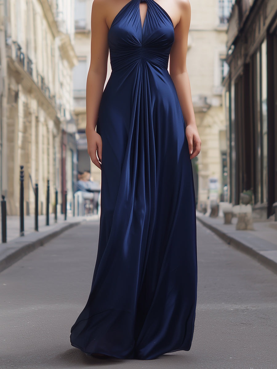 Elegant Halter-Neck Satin Gathered Maxi Dress