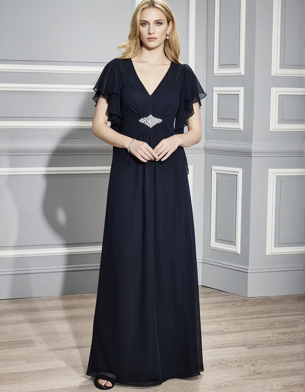 Navy Blue V-Neck Ruffled Sleeve Chiffon Maxi Dress
