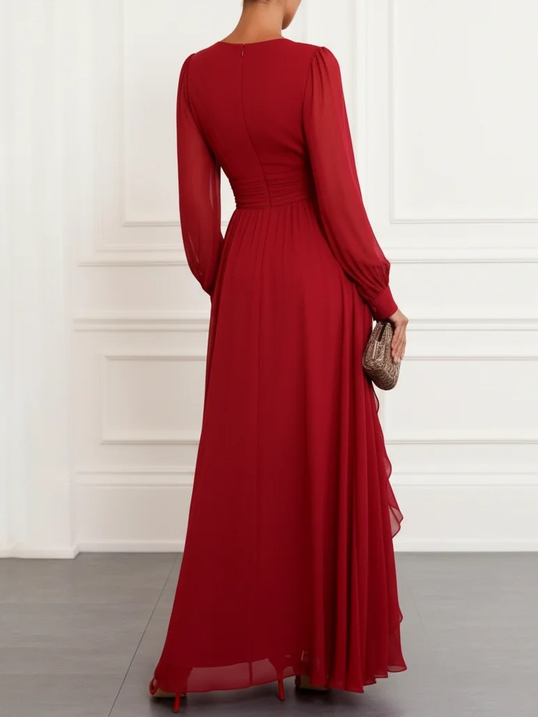 Red Ruffled Chiffon V Neck Long Sleeve Puff Sleeve A-Line Gown Dress