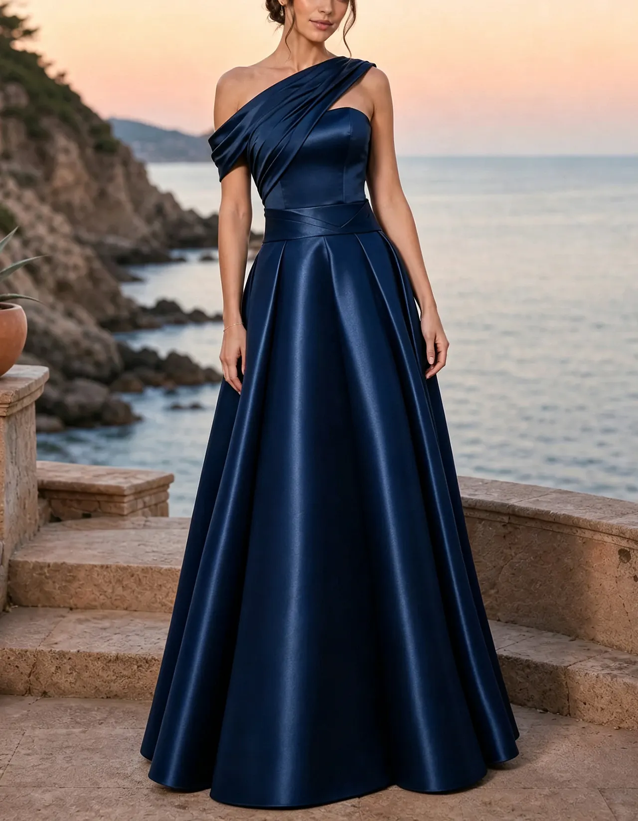 Satin Asymmetrical One Shoulder Twist Draped Maxi Dress