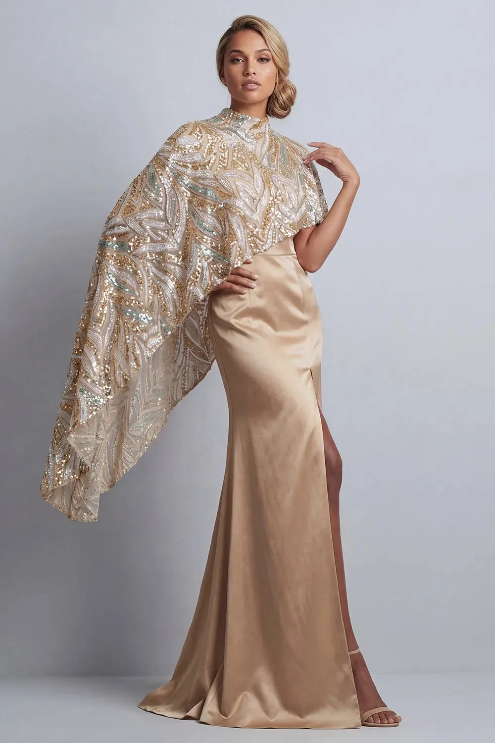 Sparkly Champagne Satin Mermaid with Cape Maxi Dress