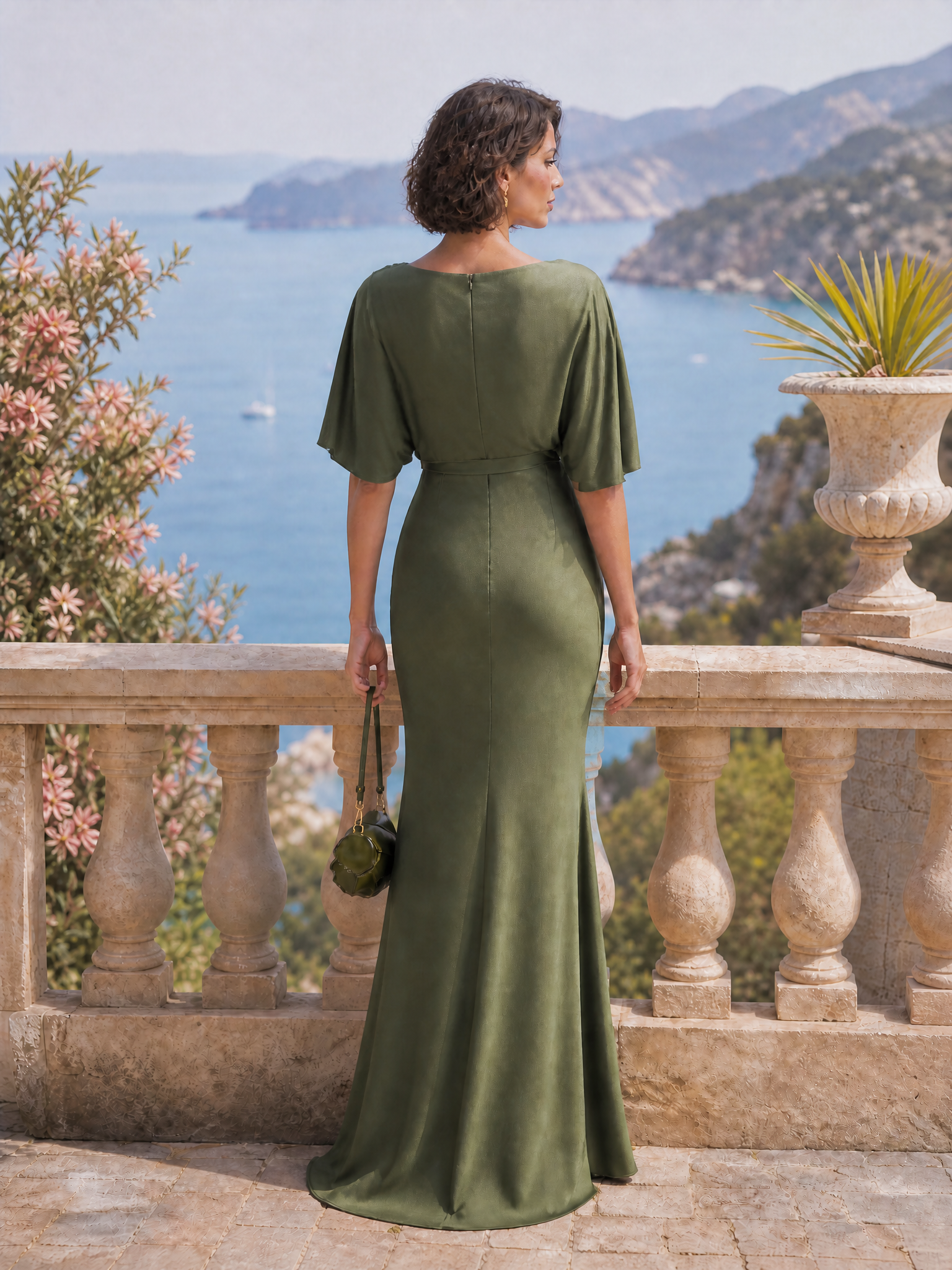 Olive Green Cape Sleeve Draped Satin Mermaid Formal Dress