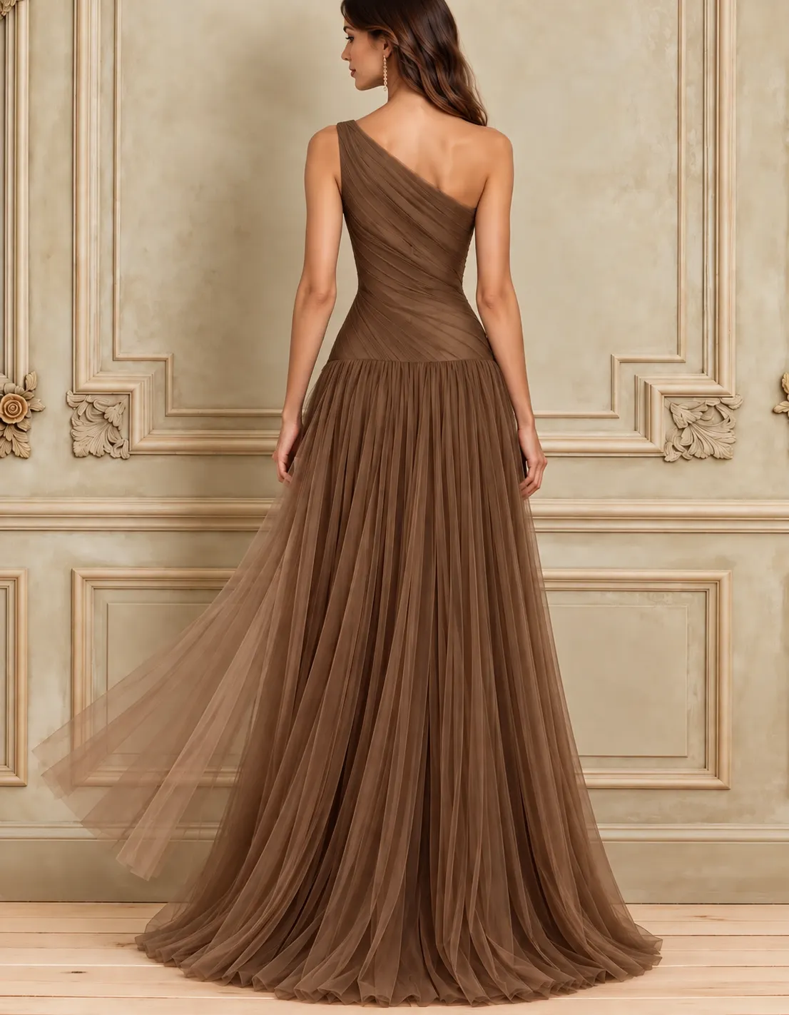Brown A-line Tulle With One Shoulder Design Maxi Dress