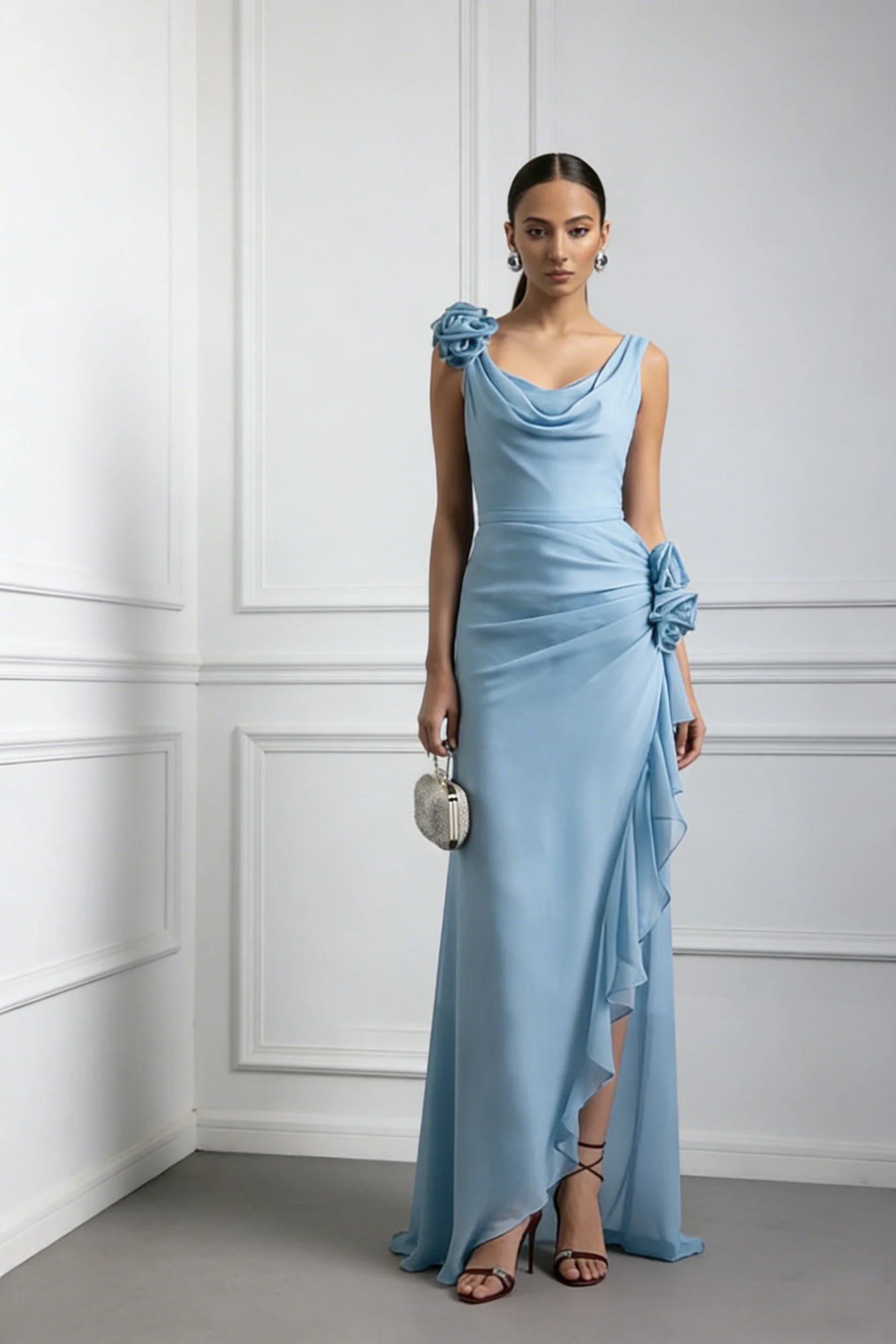 Light Blue 3D Floral Ruched Classic Cowl Neck Sleeveless Sheath Maxi Dress