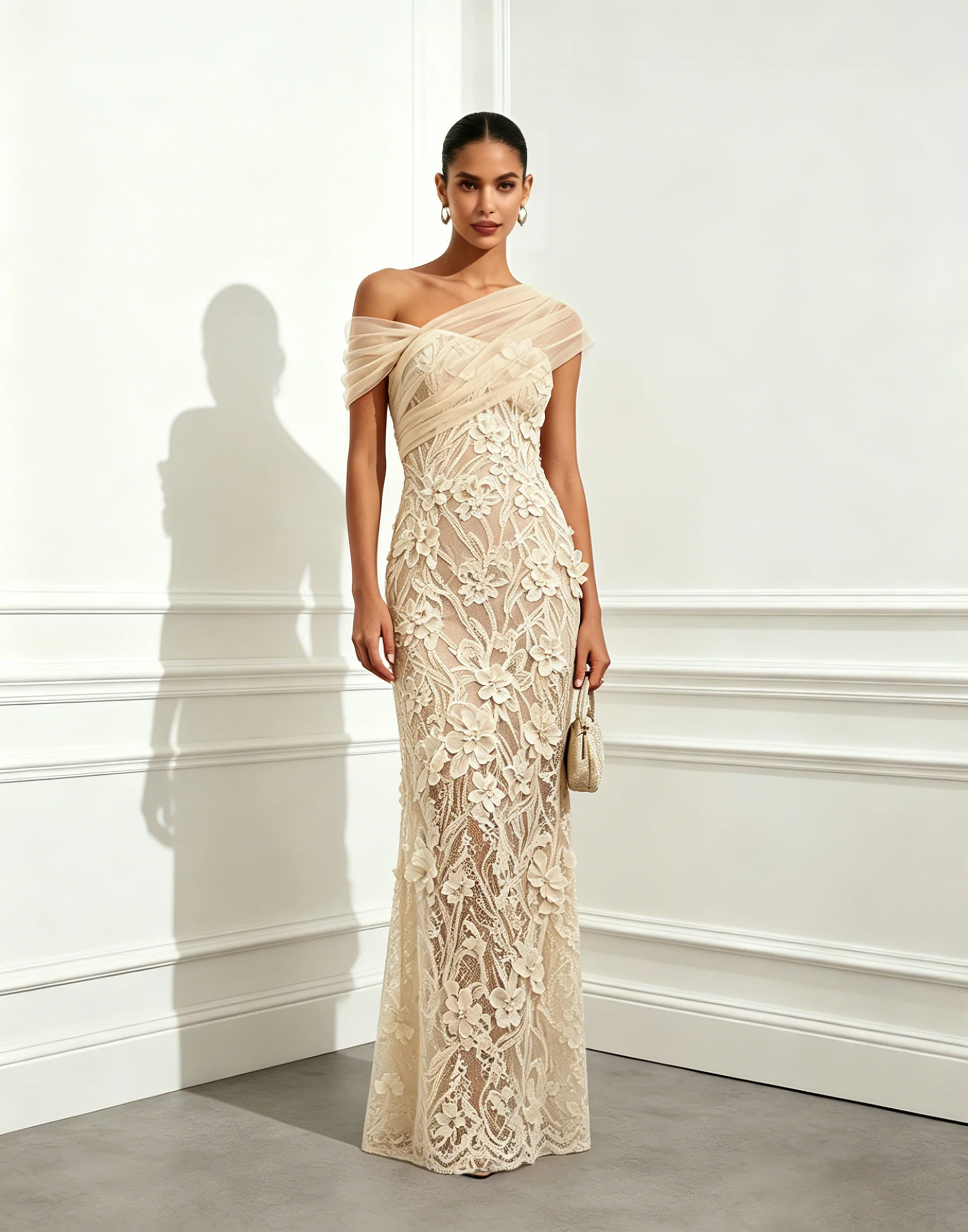 Beige 3D Floral Mesh Lace Asymmetrical Short Sleeve Mermaid Floor Length Dress