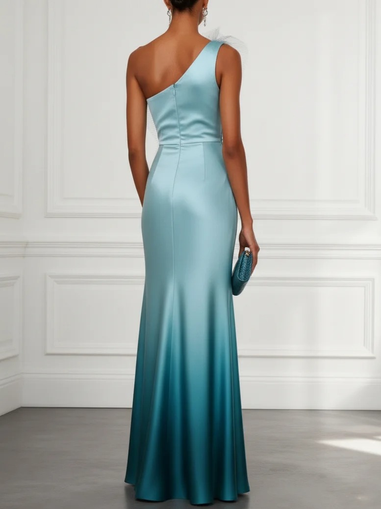 Glitter Pleated Satin One Shoulder Sleeveless Mermaid Gown Dress