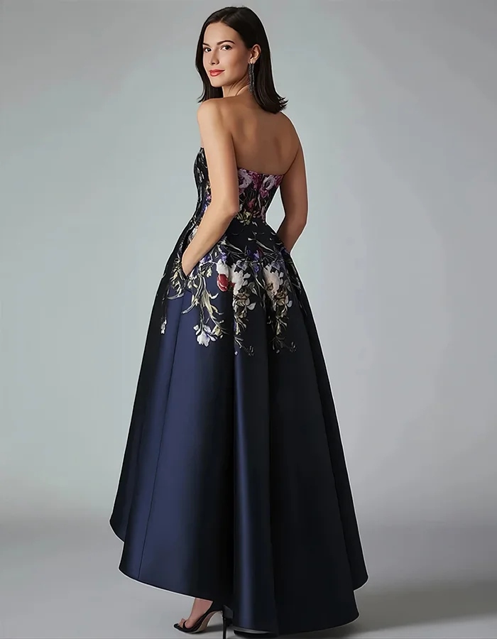 Elegant Navy Satin Gown with Strapless Floral Bodice and High-Low Hem