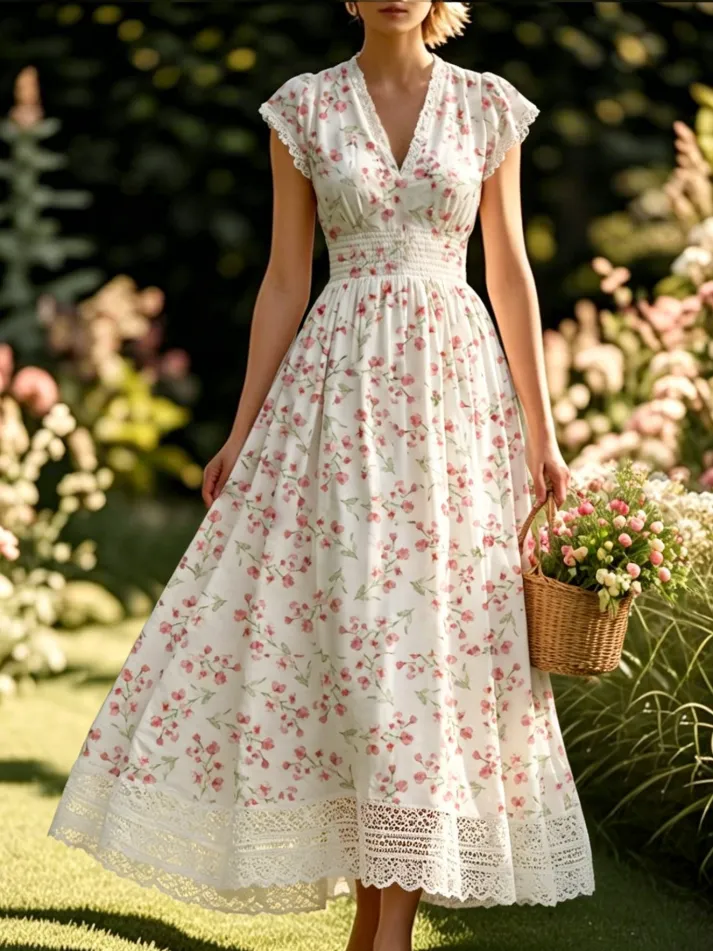 Linen Maxi Dress, Short Sleeve, Lace Collar, Floral, Vintage, White