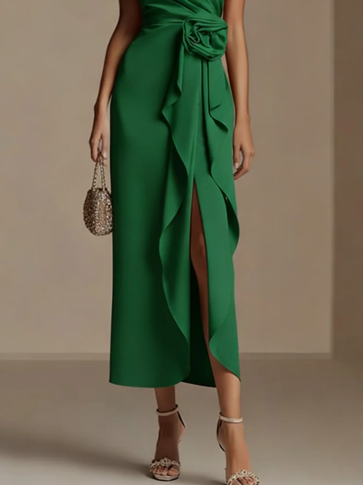 Green 3D Floral Peplum Classic V Neck Sleeveless Shift Midi Dress