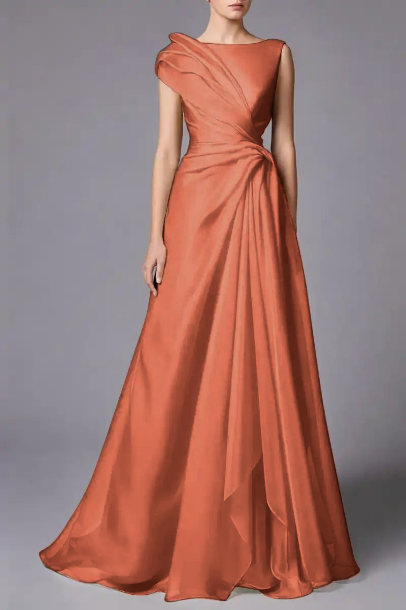 Wine Red Organza Sleeveless Asymmetrical Draped Cinched-Waist Maxi Dress