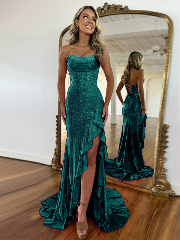 Hot Pink Mermaid Strapless Corset Bodice Long Prom Dress with Ruffle Slit