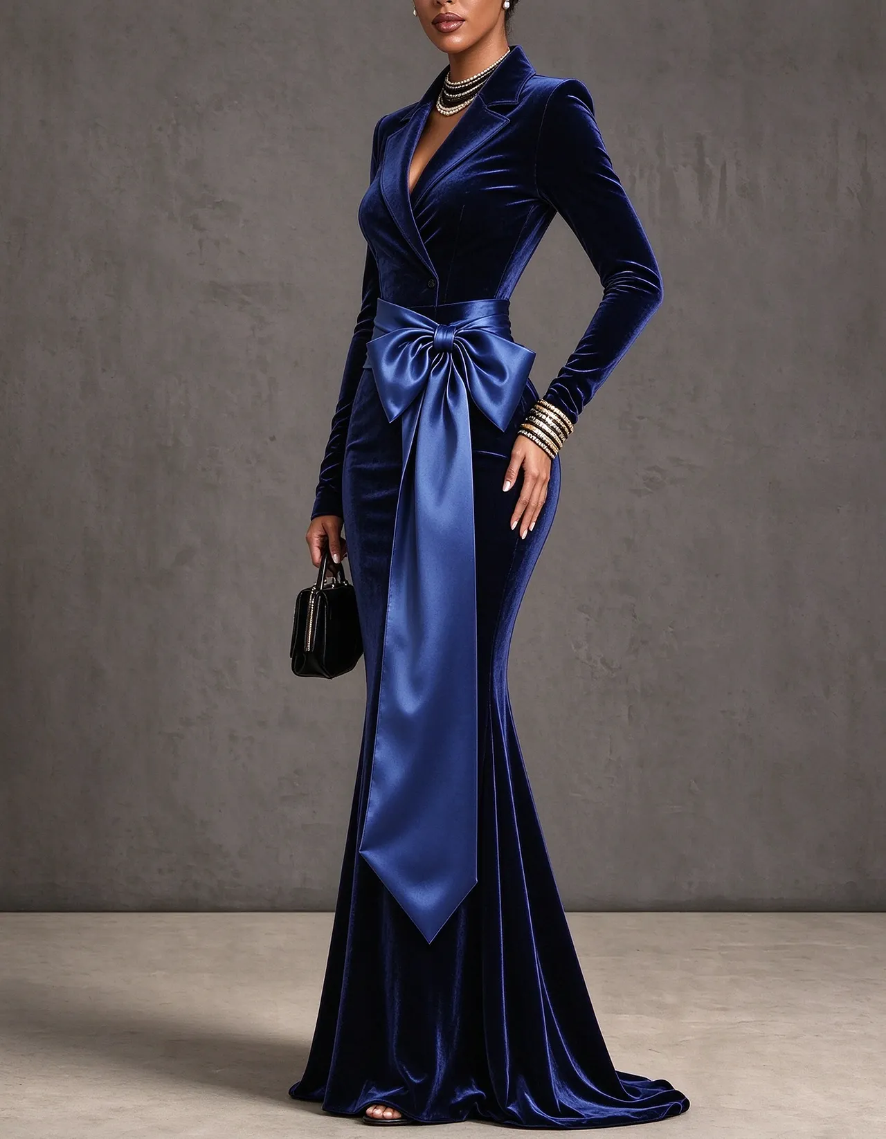 Velvet Satin Bow Waist Mermaid Maxi Dress