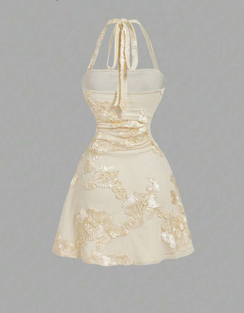 Women Cream 3D Flower Halter Bodycon Mini Dress Square Neck Slip Dress