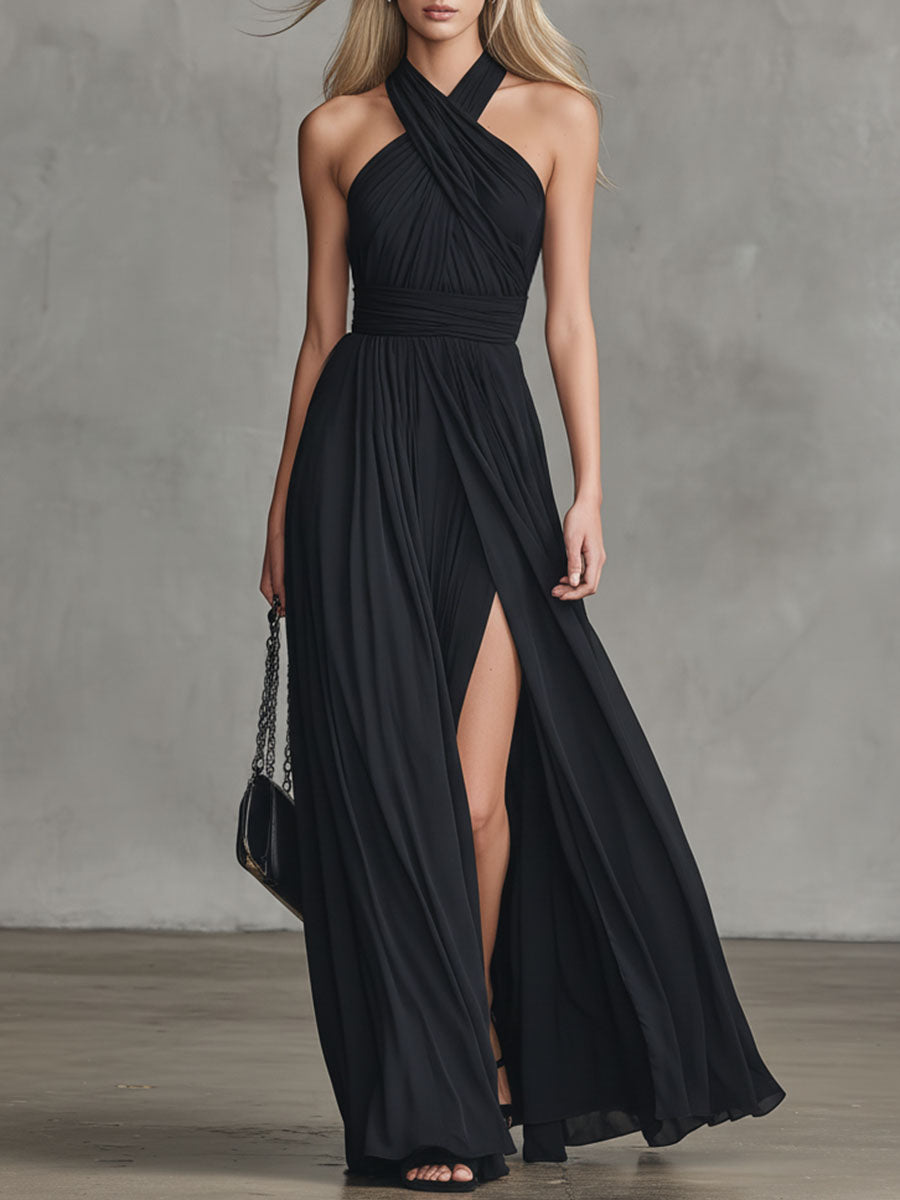 Retro-chic Elegant Cross-neck Sleeveless Slit Chiffon Maxi Dress