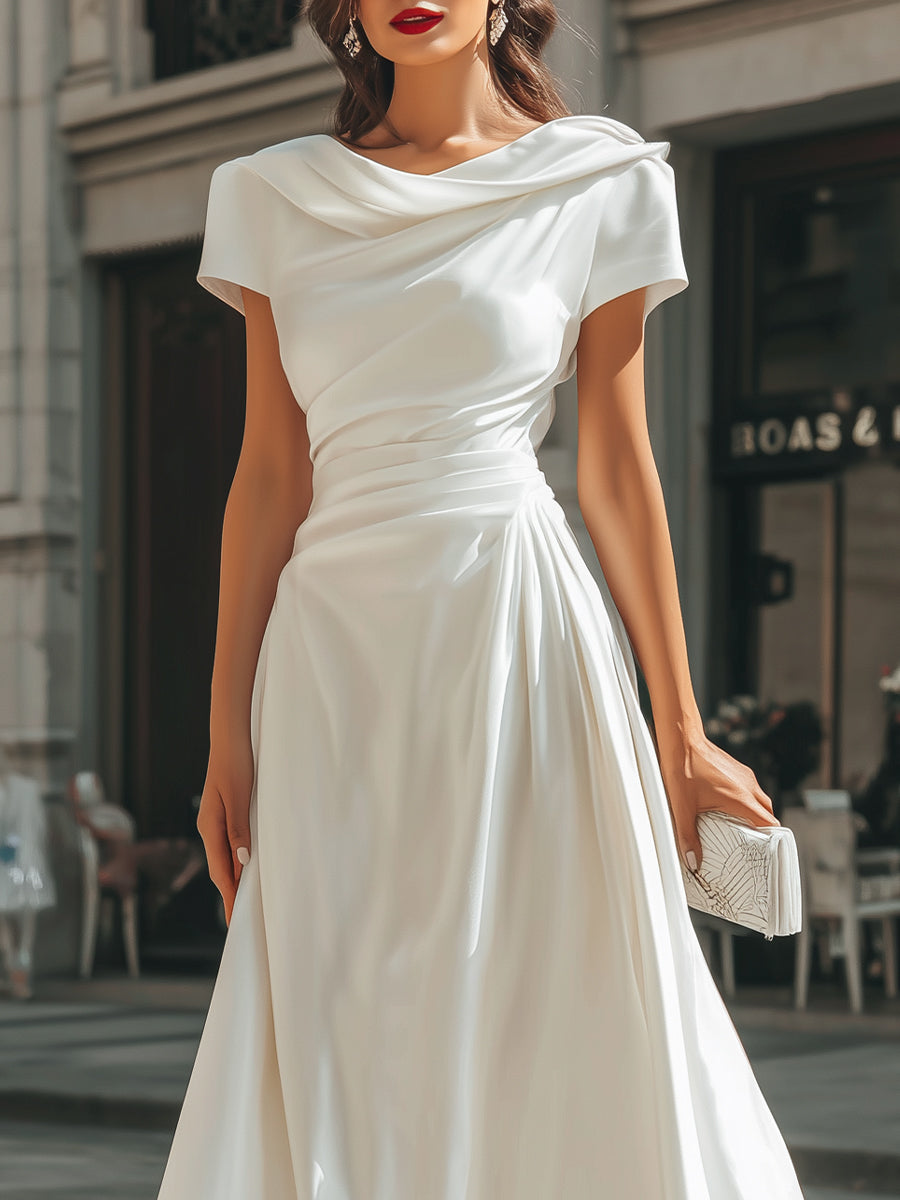 White Draped Asymmetric Midi Dress