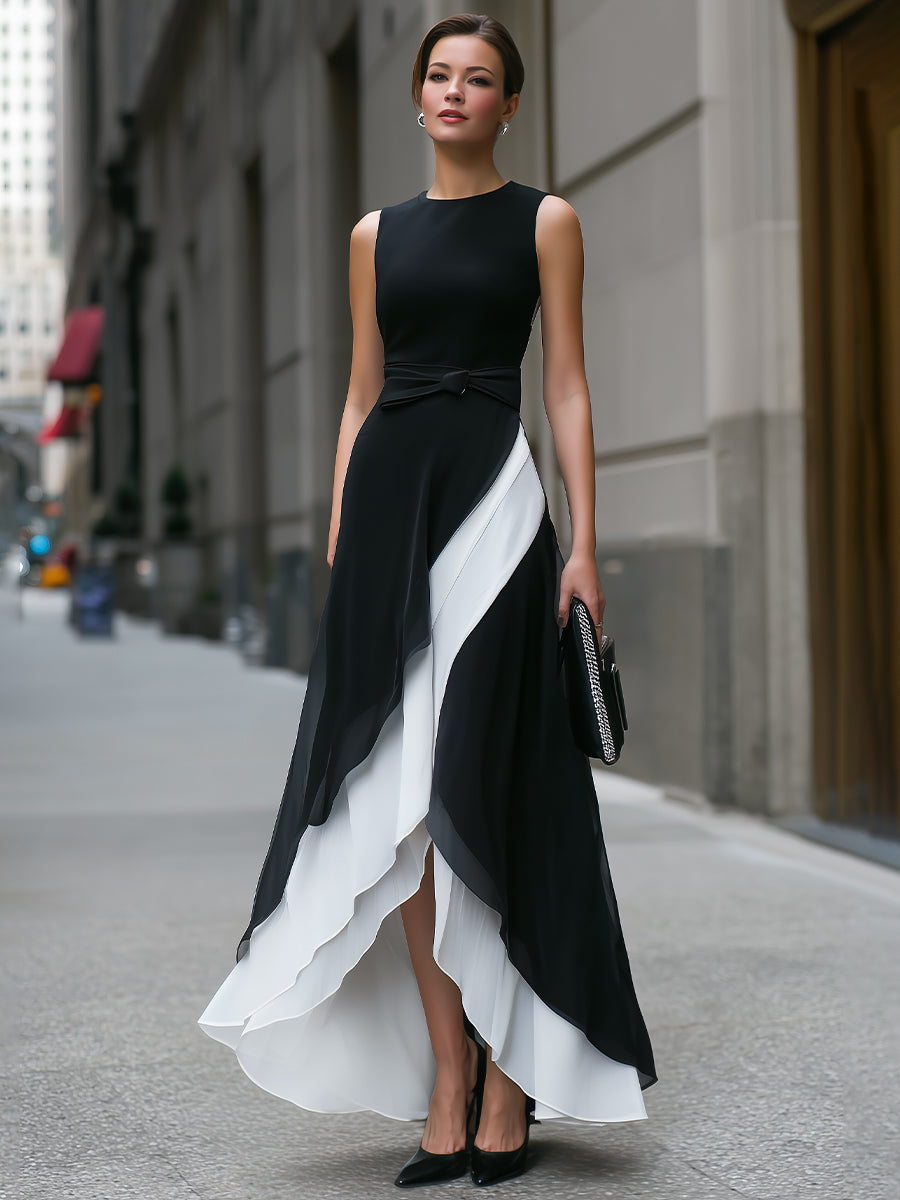 Asymmetric Layered Color-Block Maxi Dress