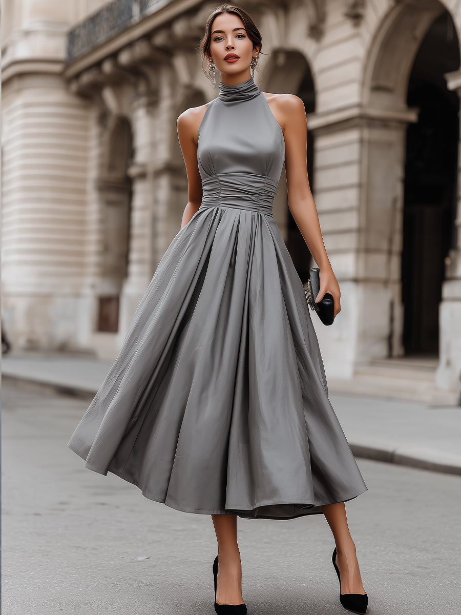 Grey Ruched Halter-Neck Full Skirt Maxi Dress