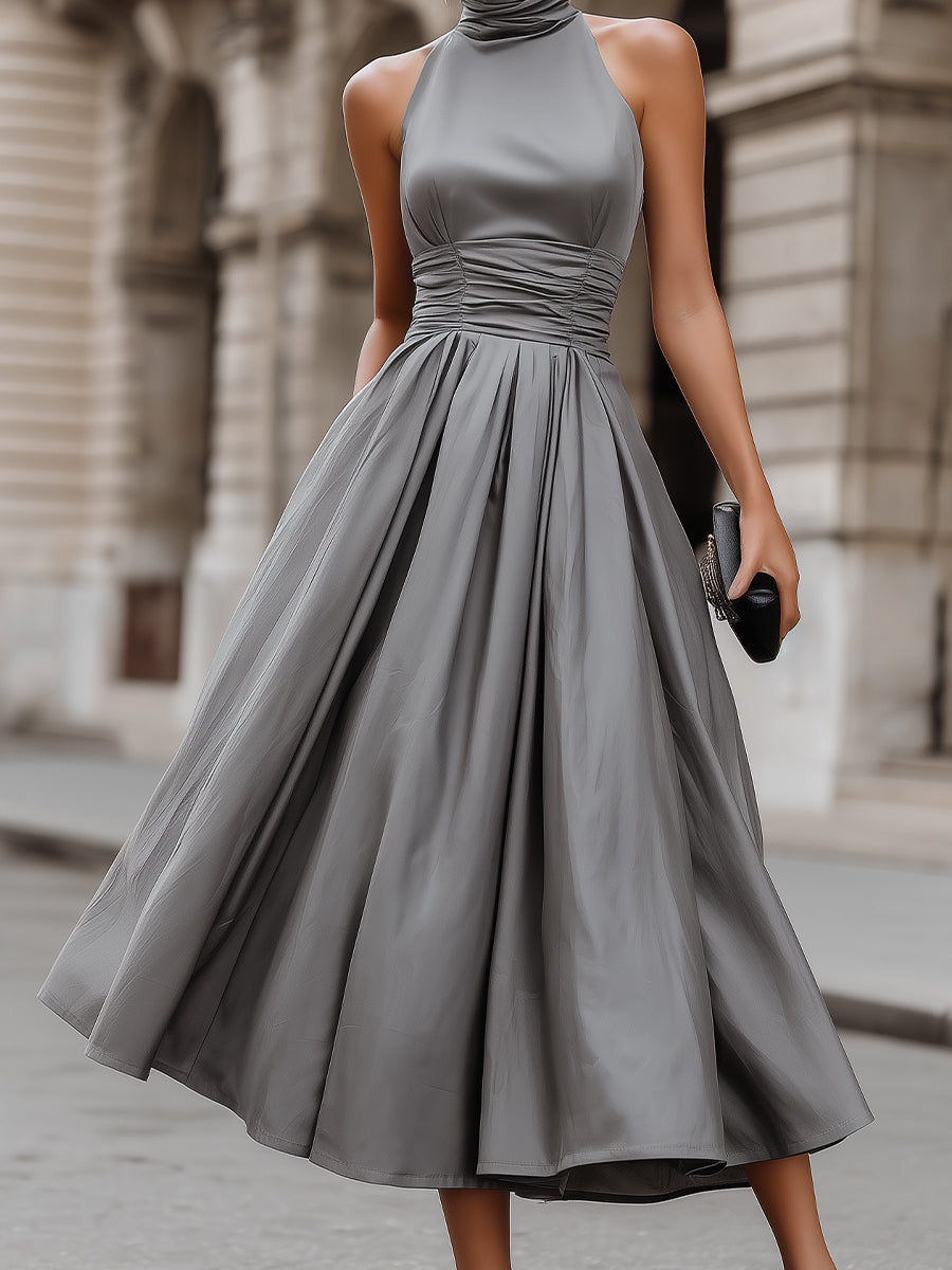 Grey Ruched Halter-Neck Full Skirt Maxi Dress