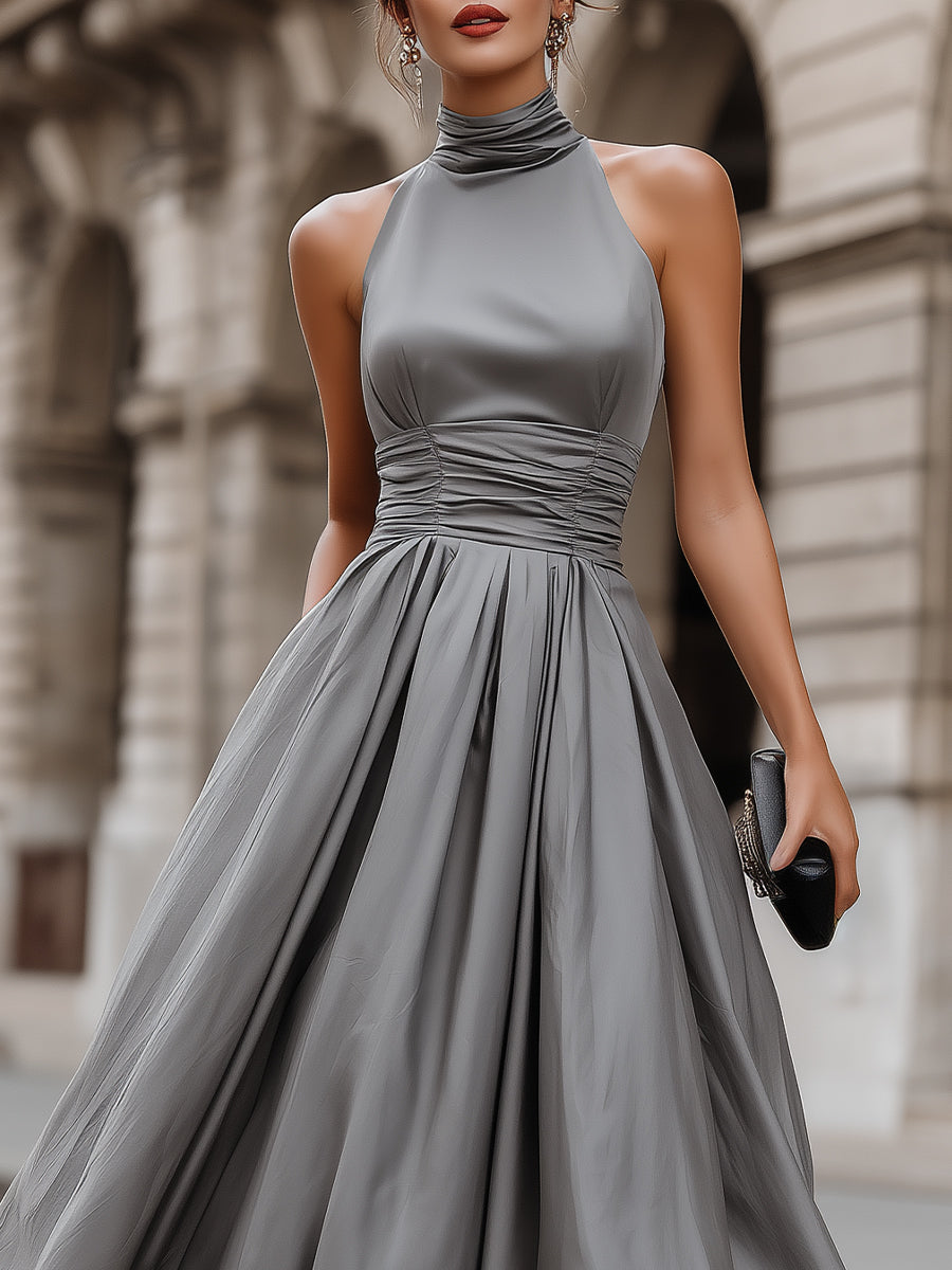 Grey Ruched Halter-Neck Full Skirt Maxi Dress