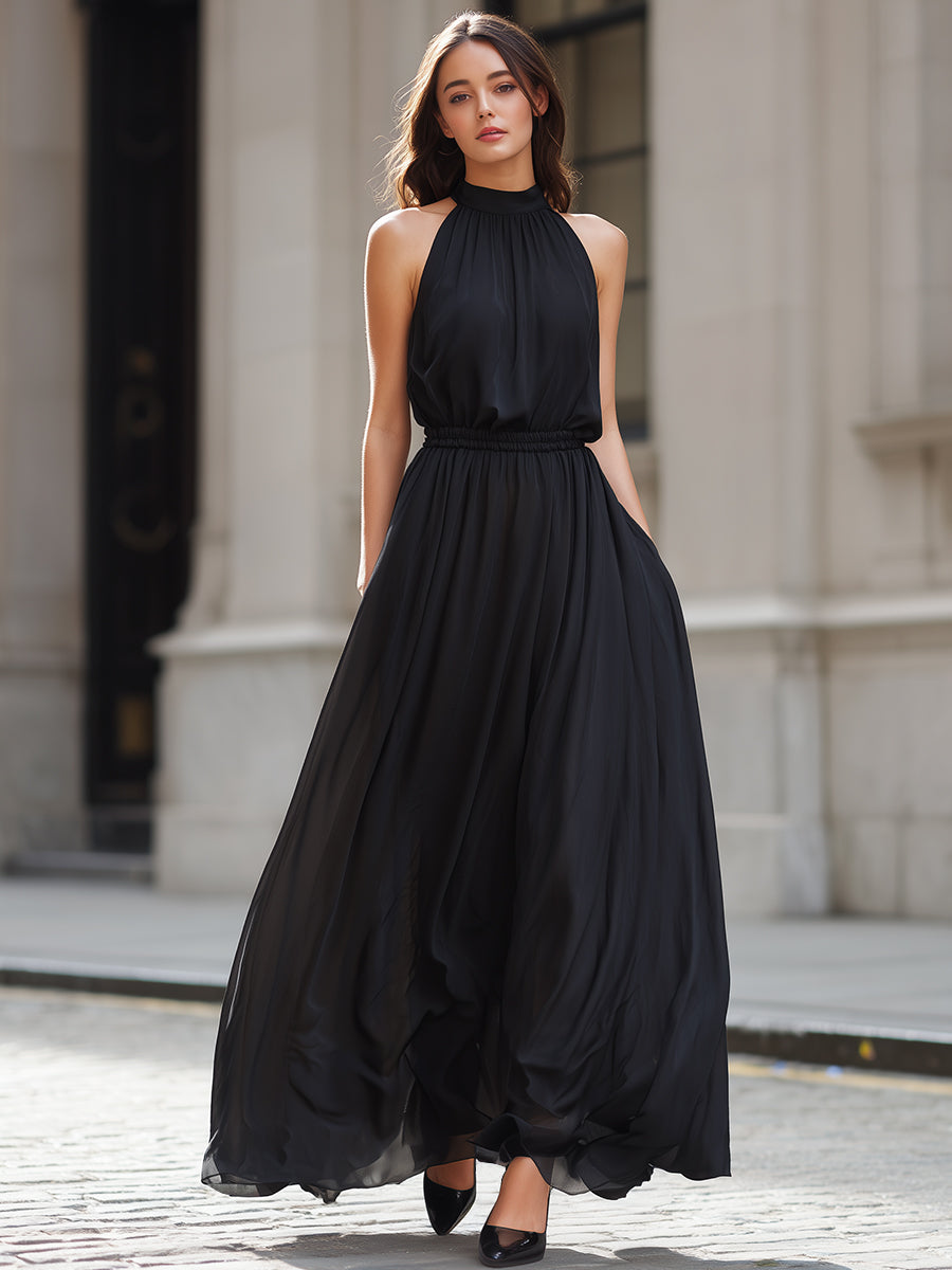 Elegant Halter Neck Flowing Maxi Dress