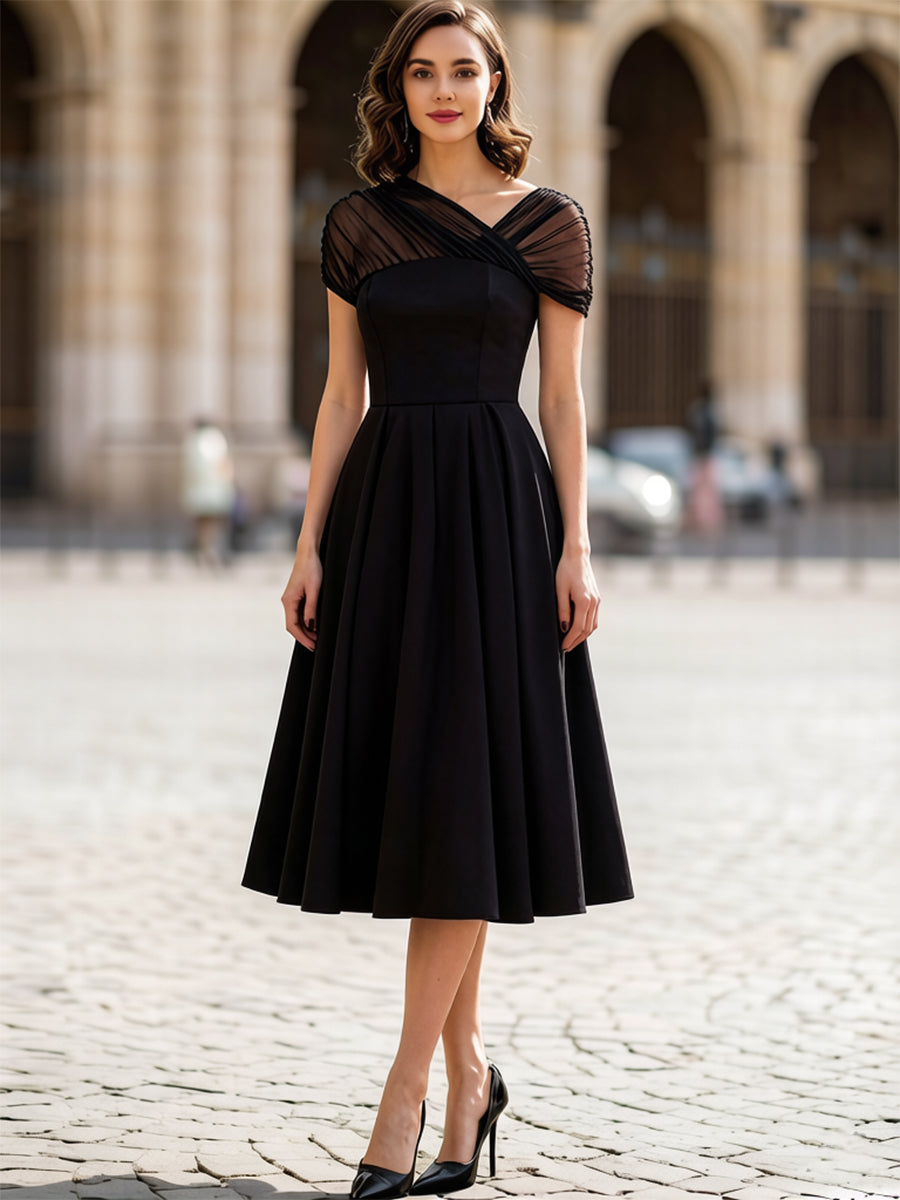 Black Sheer Tulle Cap Sleeve Pleated Fit-and-Flare Midi Dress