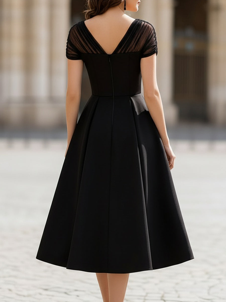 Black Sheer Tulle Cap Sleeve Pleated Fit-and-Flare Midi Dress