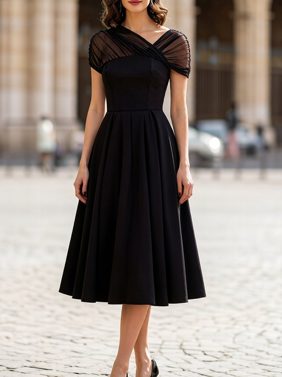 Black Sheer Tulle Cap Sleeve Pleated Fit-and-Flare Midi Dress