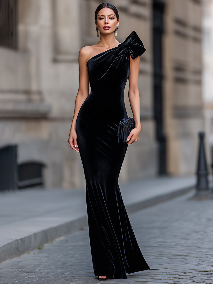 One-Shoulder Bow Detail Bodycon Maxi Dress