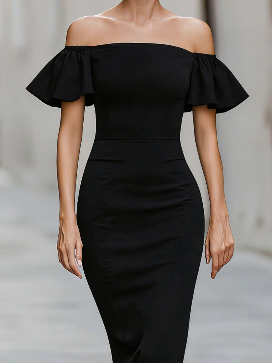 Off-Shoulder Ruffle Sleeve Bodycon Midi Dress