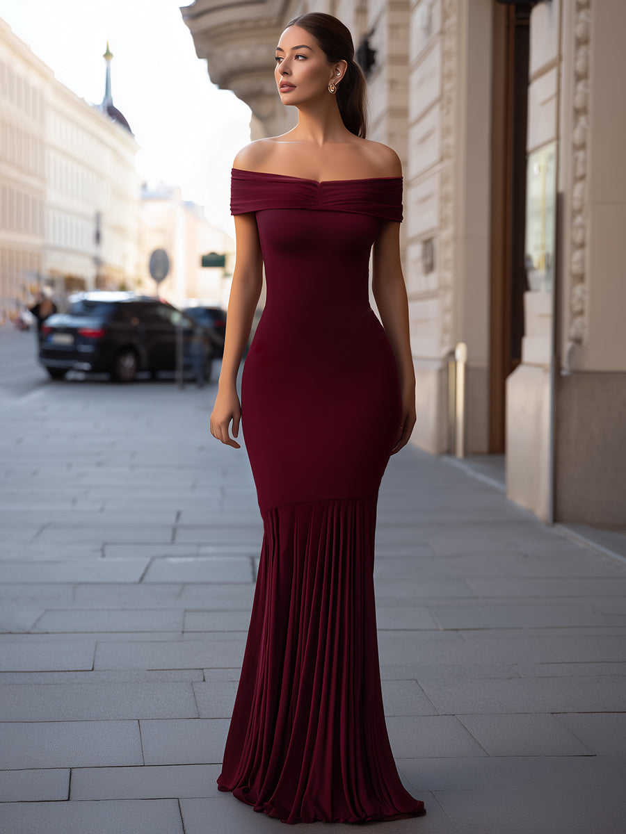 Off-Shoulder Pleated Hem Bodycon Maxi Dress