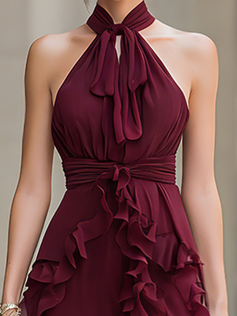 Halter Neck Ruffle Trim Asymmetric High-Low Maxi Dress