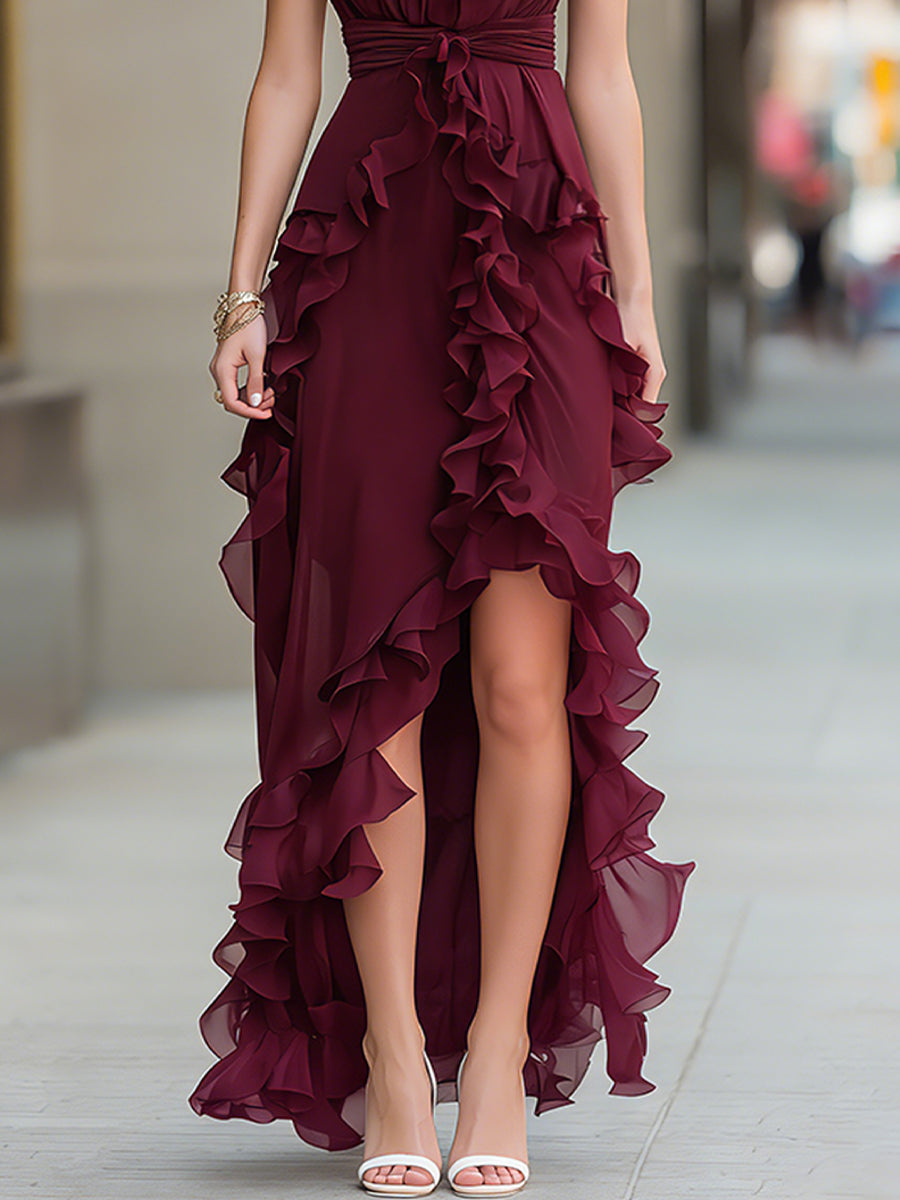 Halter Neck Ruffle Trim Asymmetric High-Low Maxi Dress