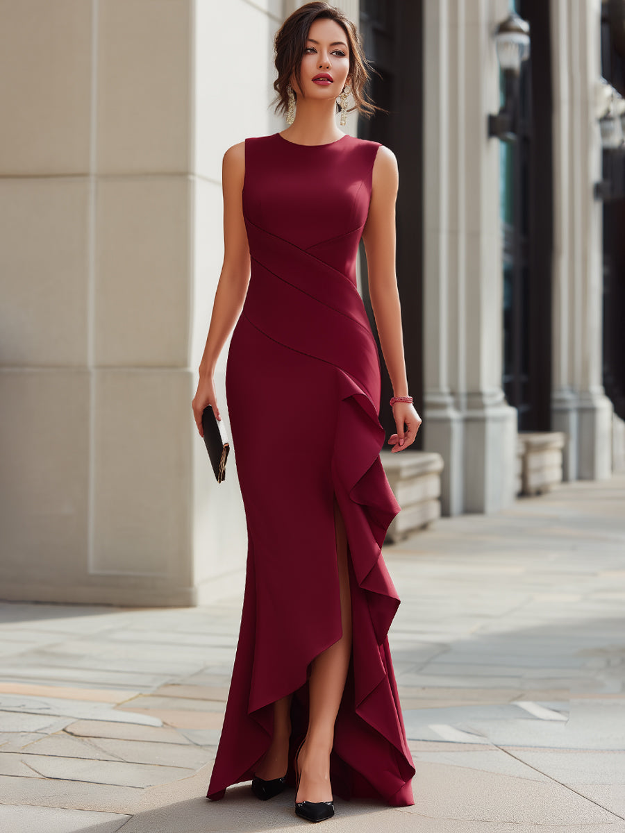 Sleeveless Asymmetric Ruffle Hem Bodycon Maxi Dress